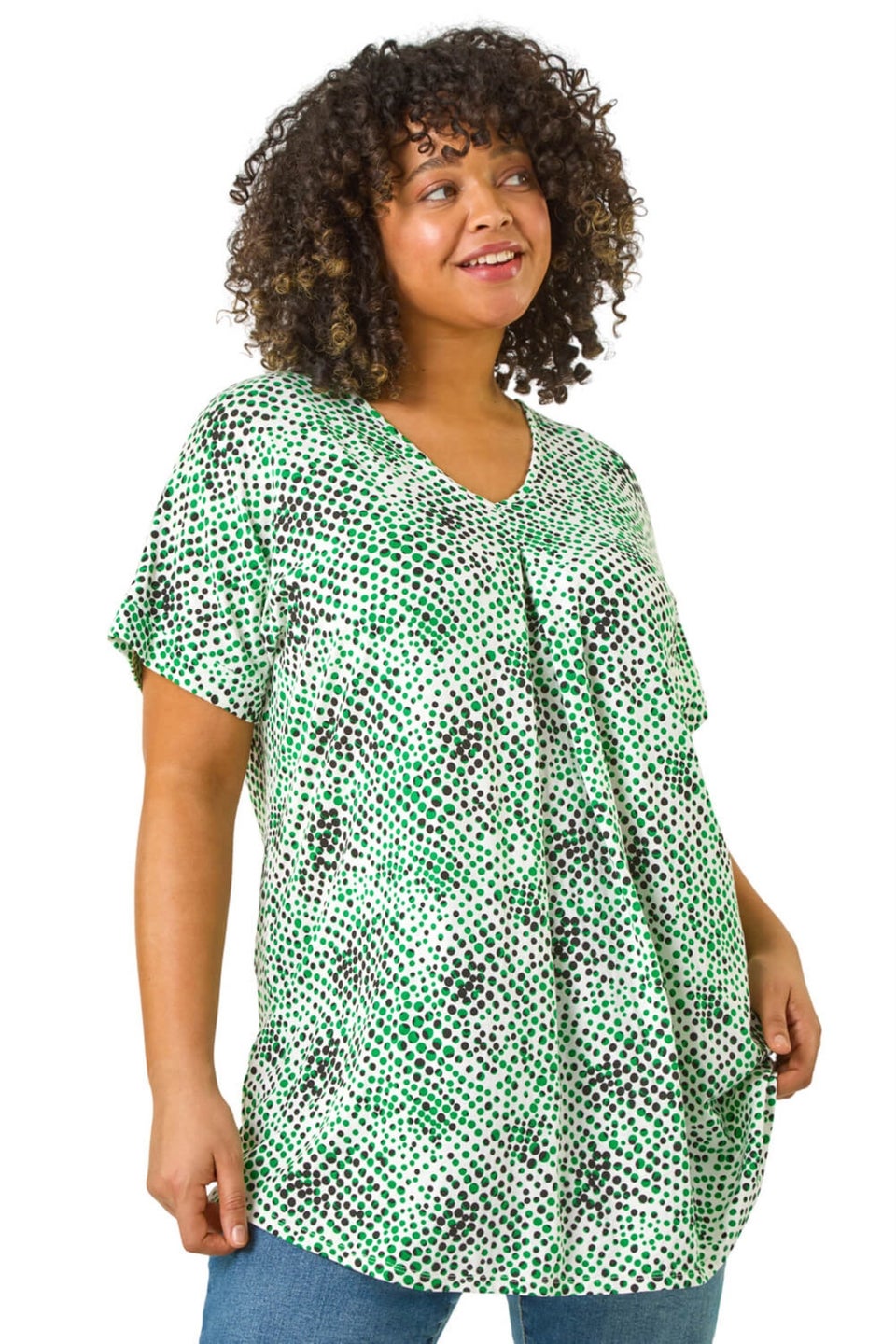 Roman Green Curve Spotted Leaf Print Stretch Top