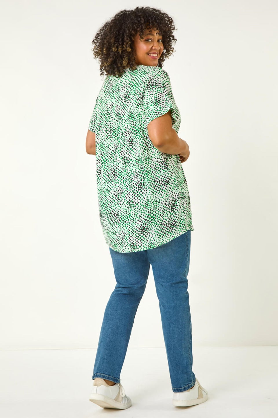 Roman Green Curve Spotted Leaf Print Stretch Top