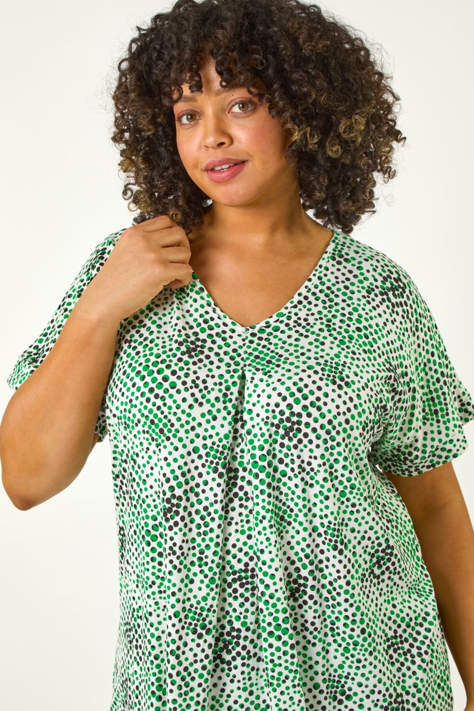 Roman Green Curve Spotted Leaf Print Stretch Top