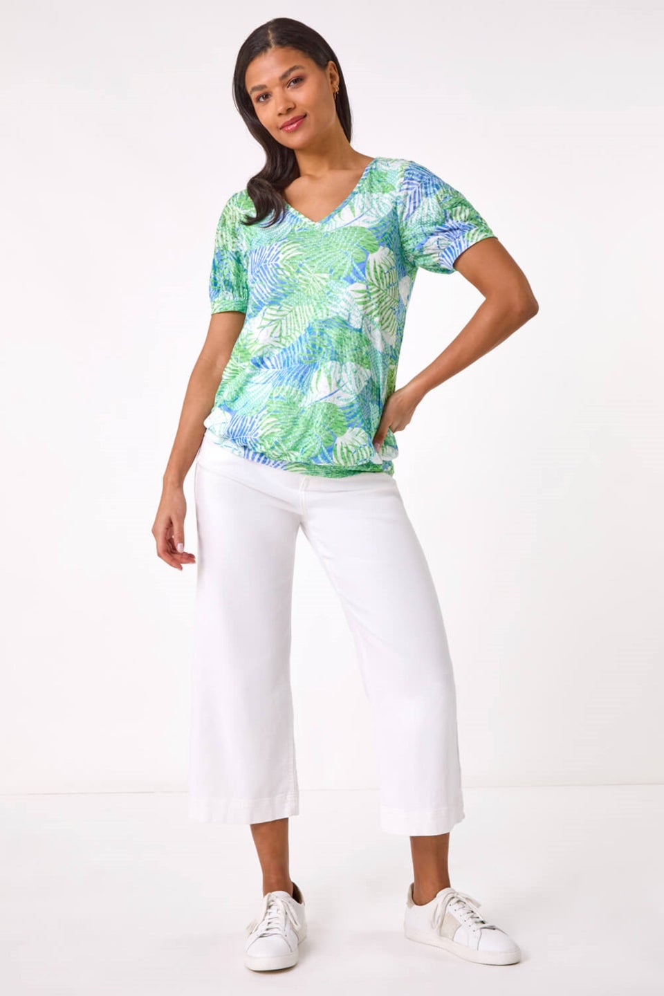 Roman Green Leaf Print V-Neck Burnout Blouse