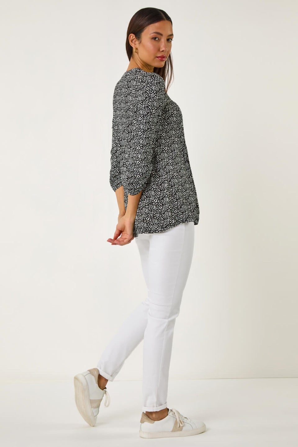 Roman Black Animal Print Pintuck Shirt