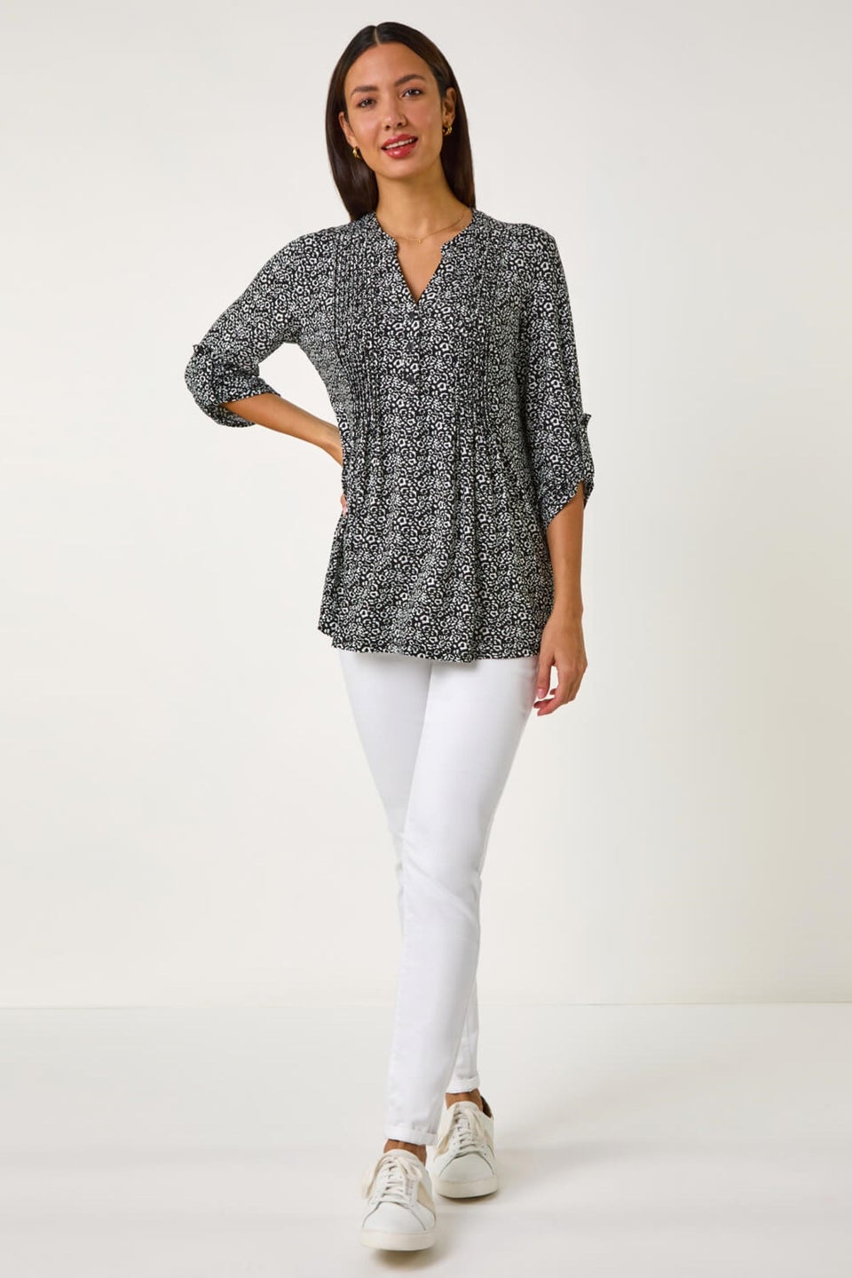 Roman Black Animal Print Pintuck Shirt