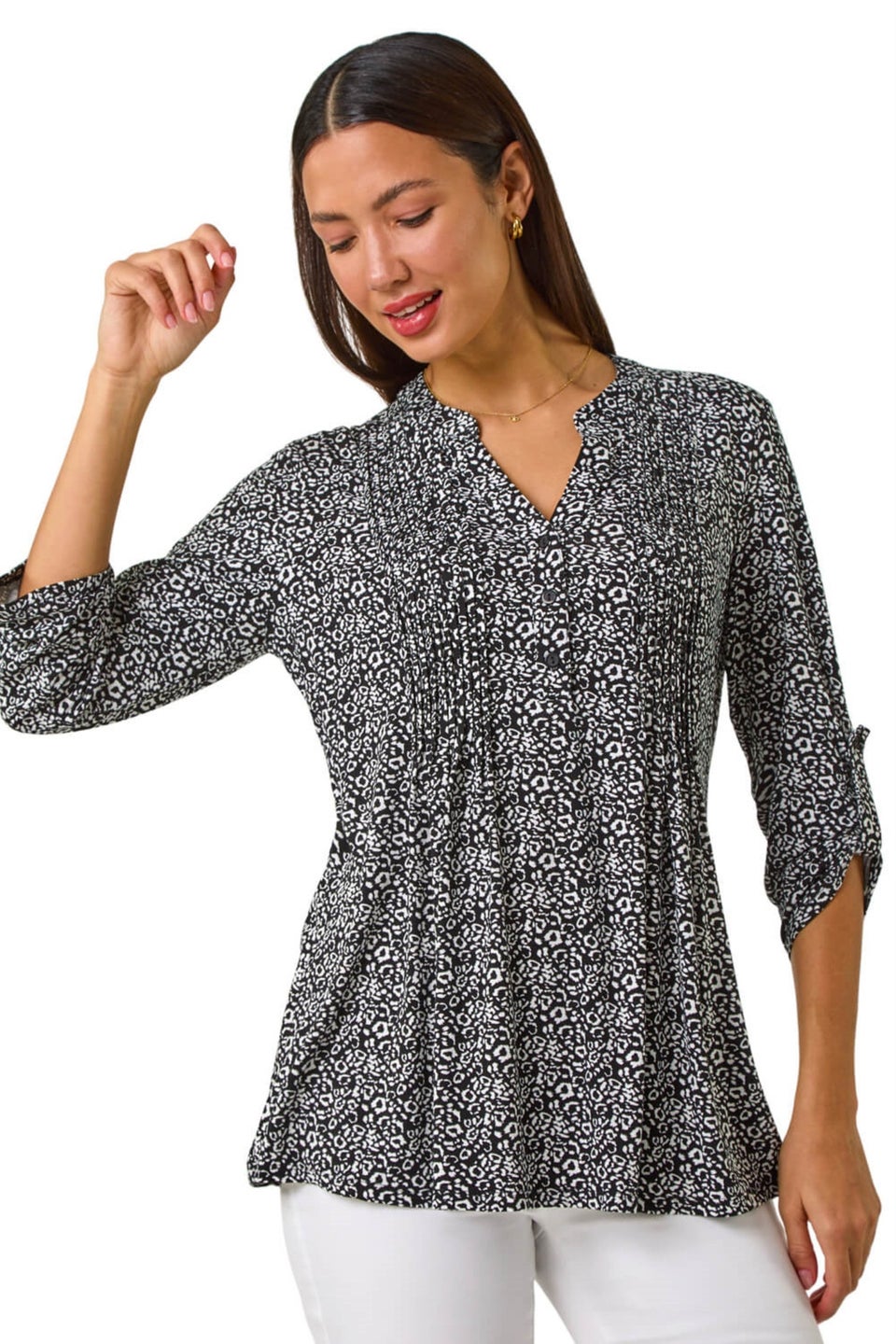 Roman Black Animal Print Pintuck Shirt