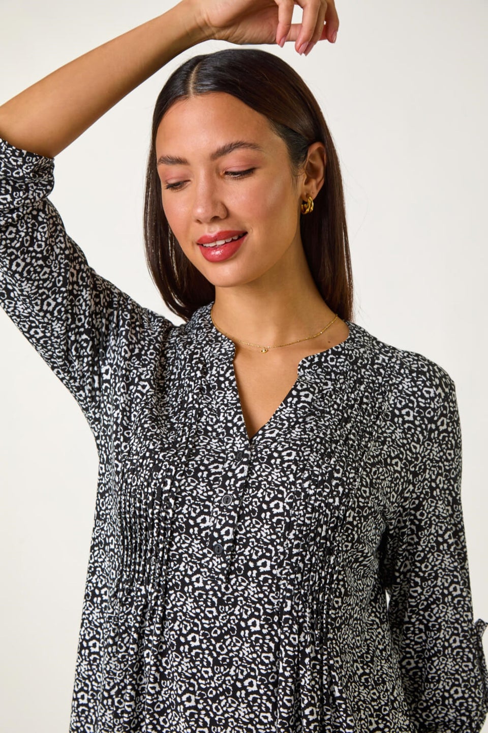 Roman Black Animal Print Pintuck Shirt