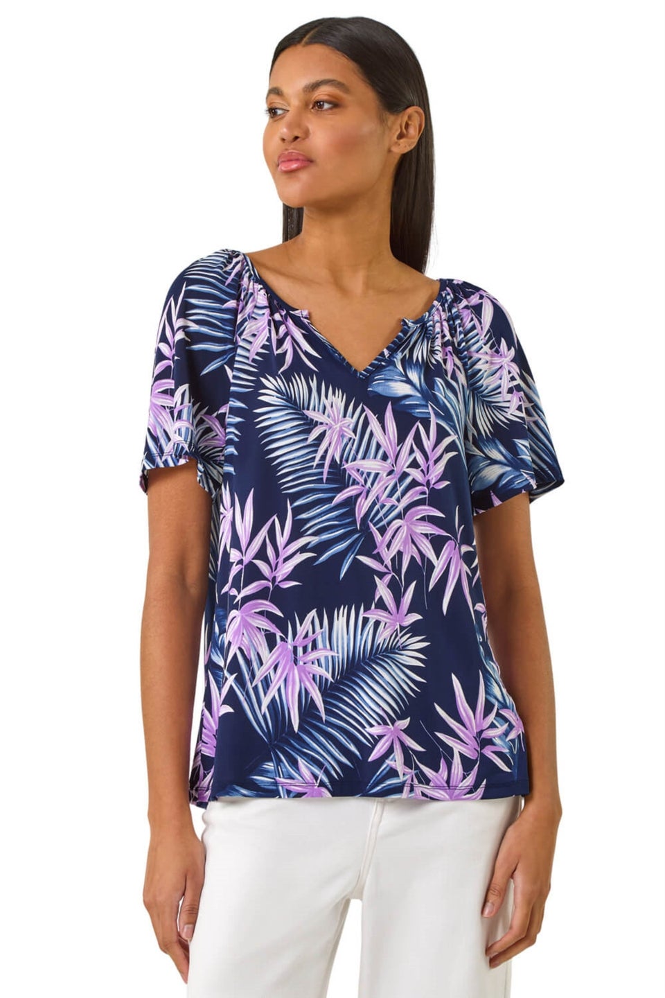 Roman Navy Textured Print Notch Neck Stretch Top