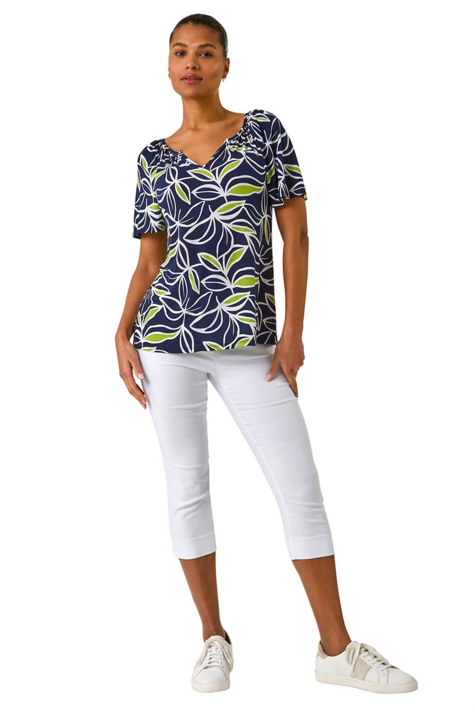 Roman Lime Textured Leaf Print V-Neck Stretch Top