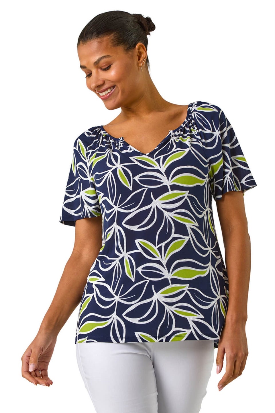 Roman Lime Textured Leaf Print V-Neck Stretch Top