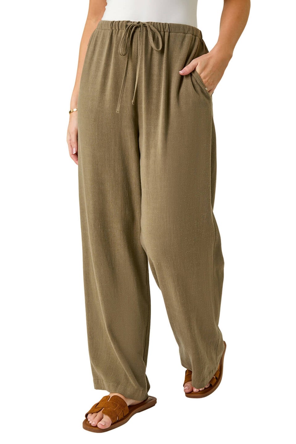 Roman Khaki Petite Linen Mix Wide Leg Trouser
