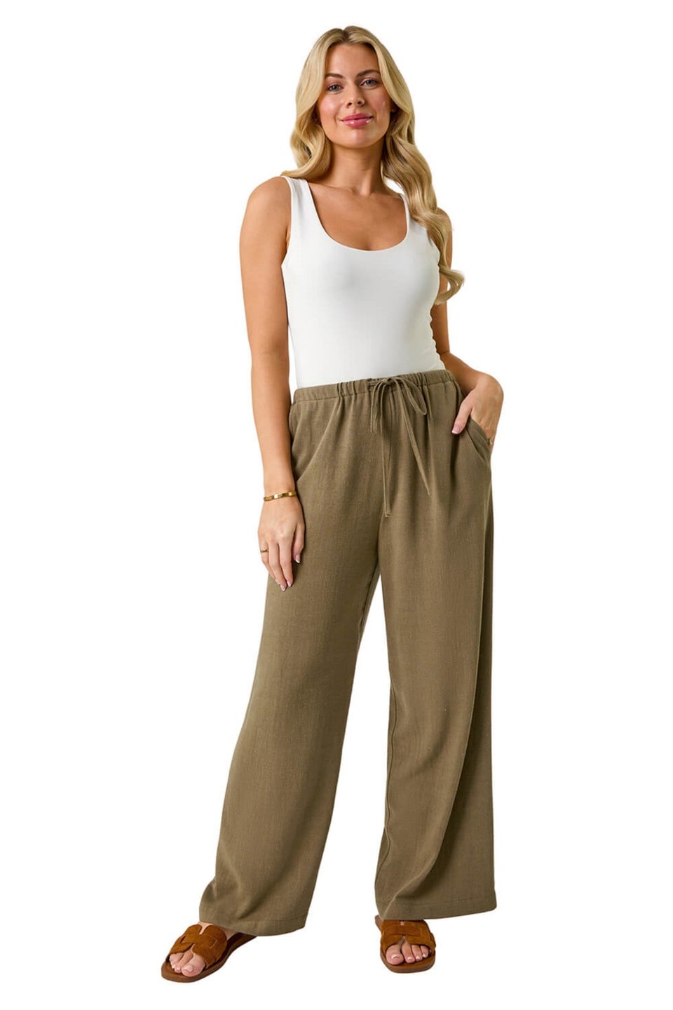 Roman Khaki Petite Linen Mix Wide Leg Trouser