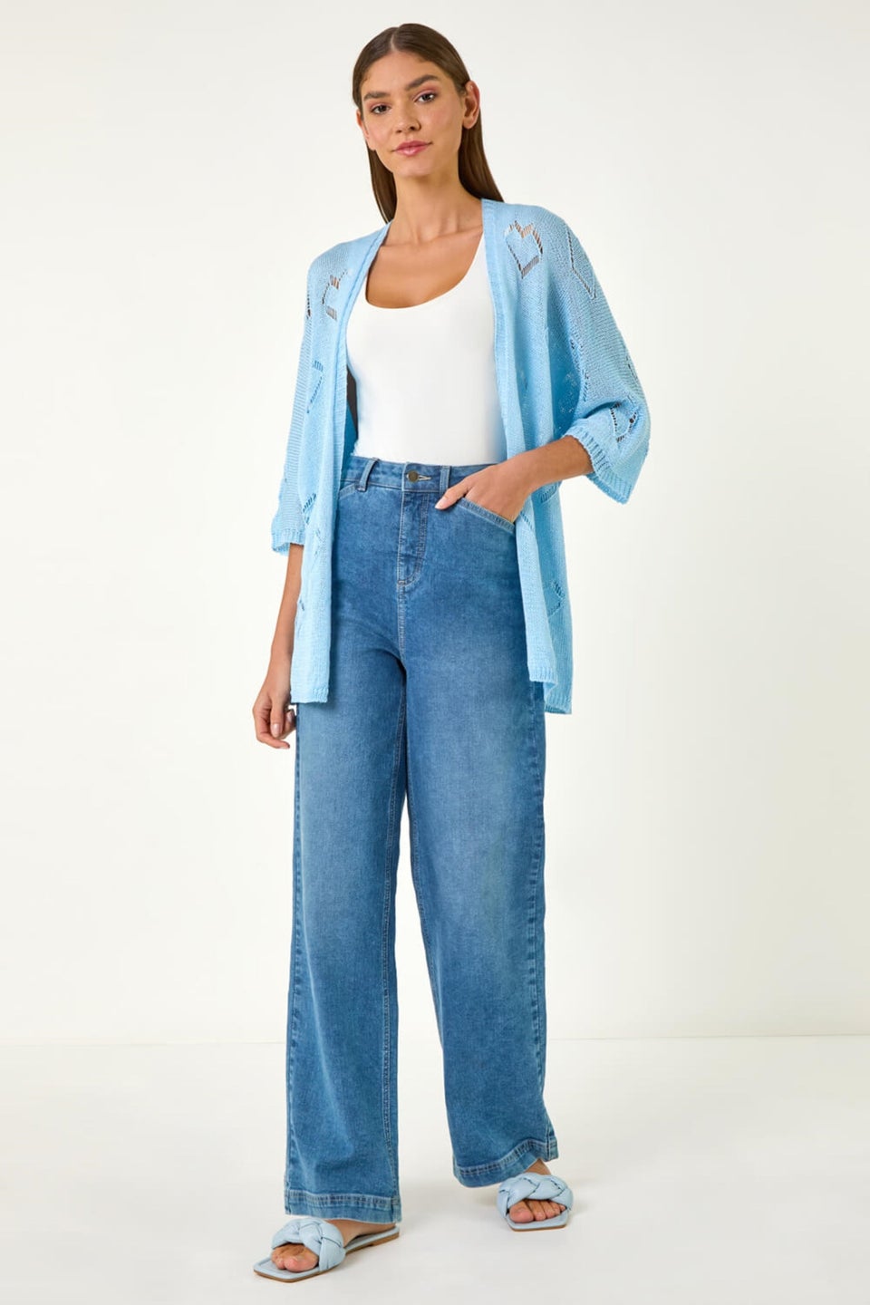 Roman Light Blue Pointelle Heart Knit Cardigan