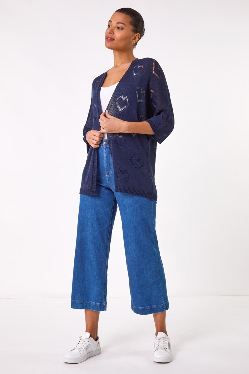 Roman Navy Pointelle Heart Knit Cardigan