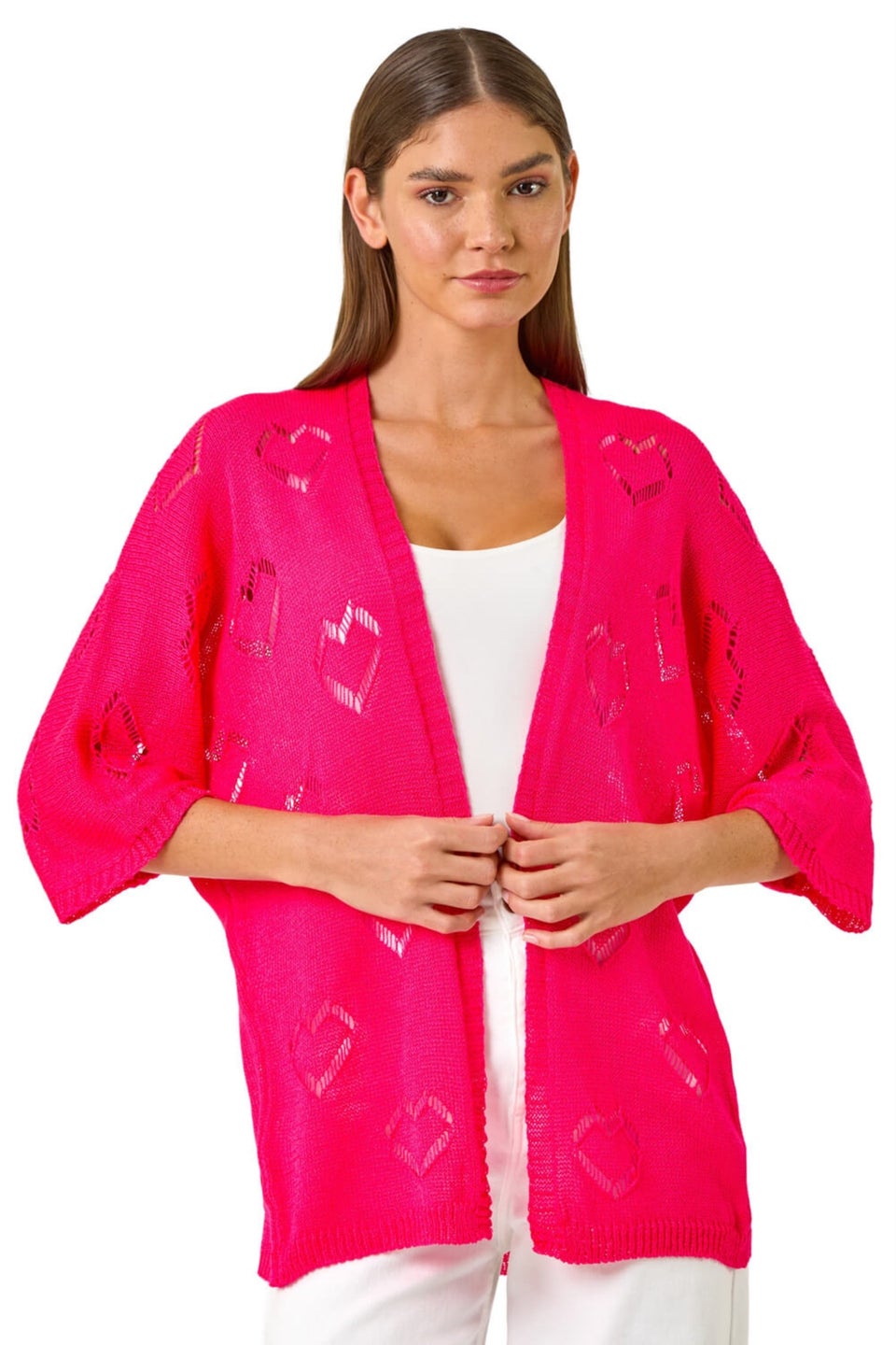 Roman Pink Pointelle Heart Knit Cardigan
