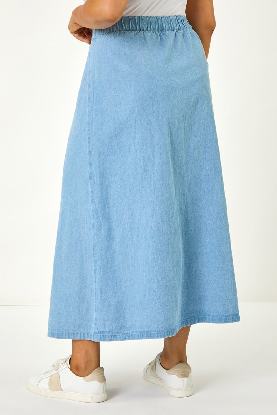 Roman Light Blue Curve Button Through Denim Skirt
