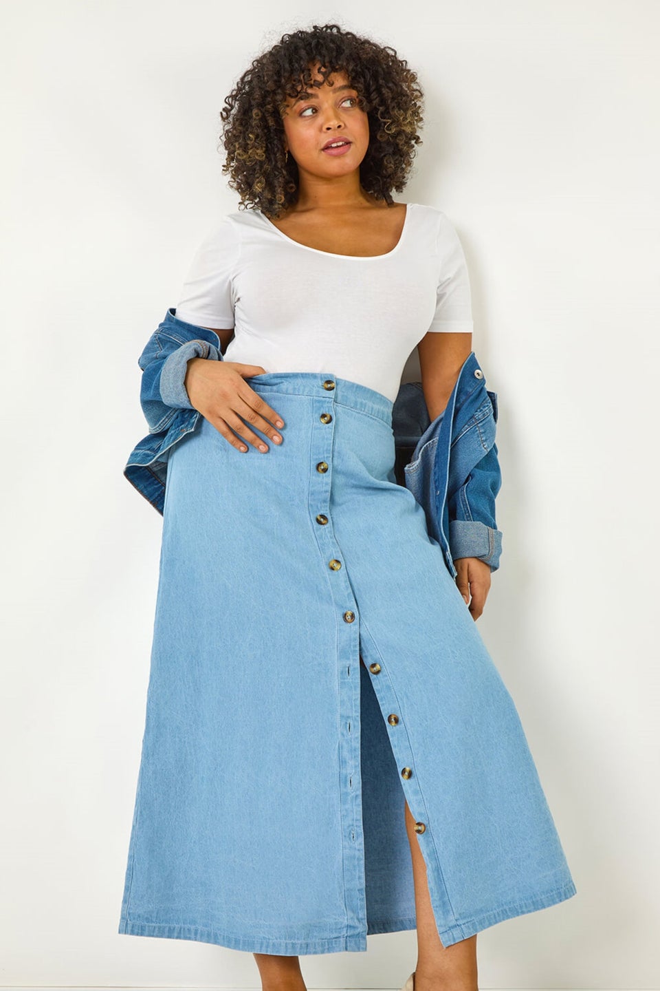 Roman Light Blue Curve Button Through Denim Skirt