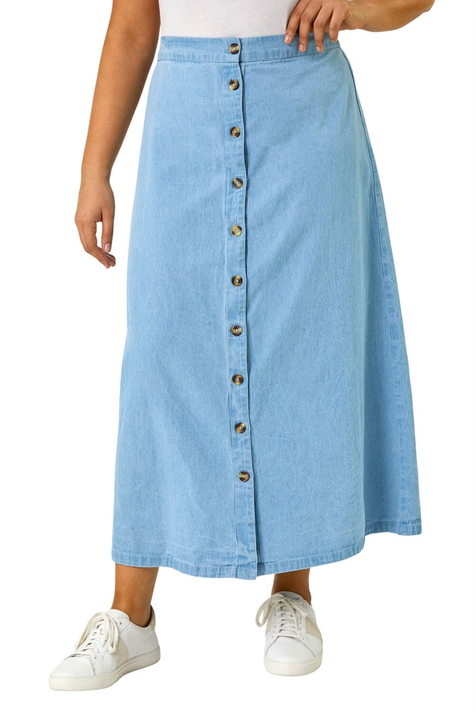 Roman Light Blue Curve Button Through Denim Skirt