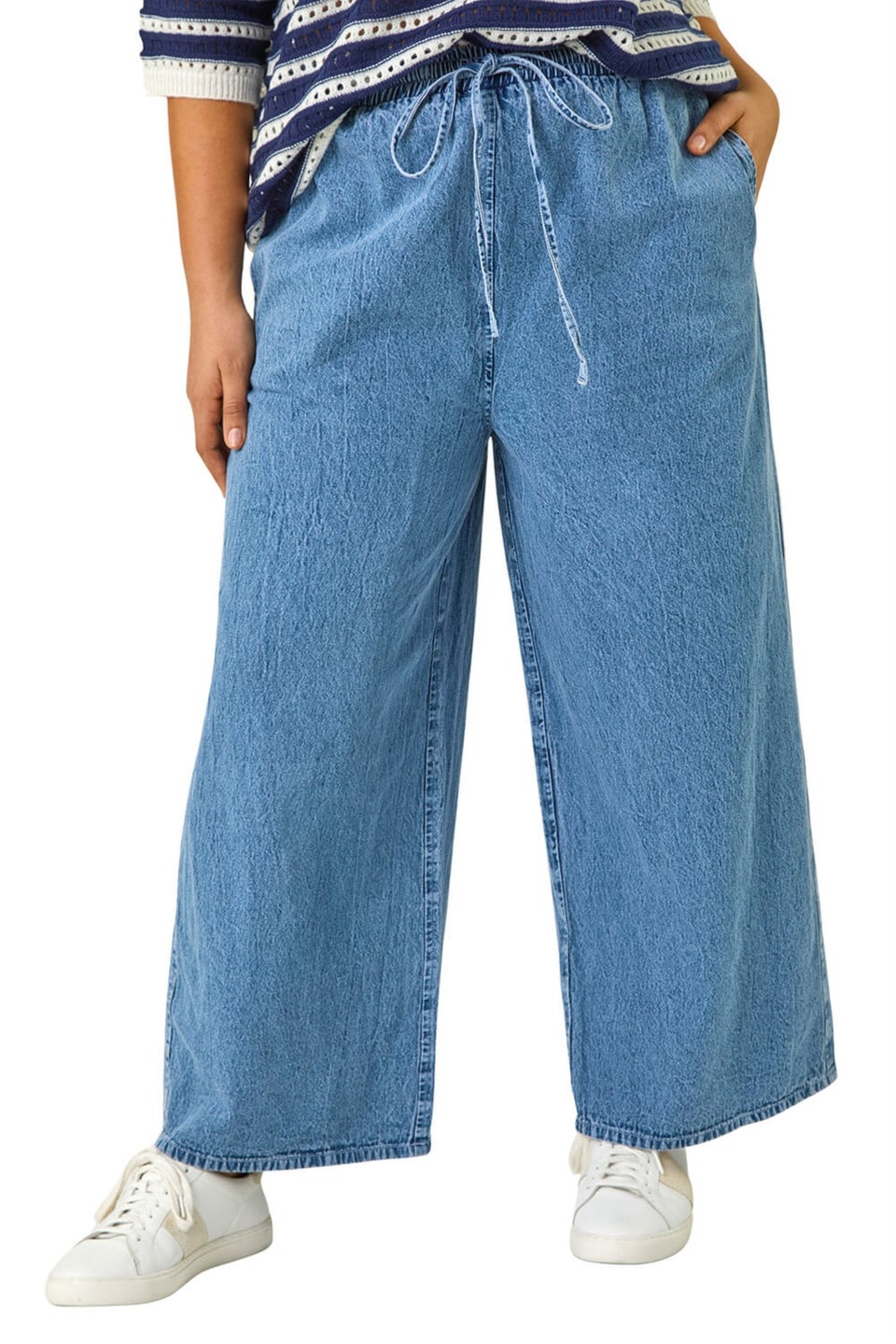 Roman Light Blue Curve Tie Waist Denim Wide Leg Trouser