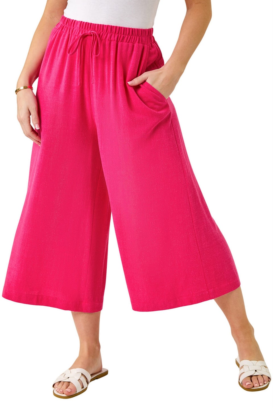 Roman Pink Petite Elasticated Waist Linen Mix Culotte