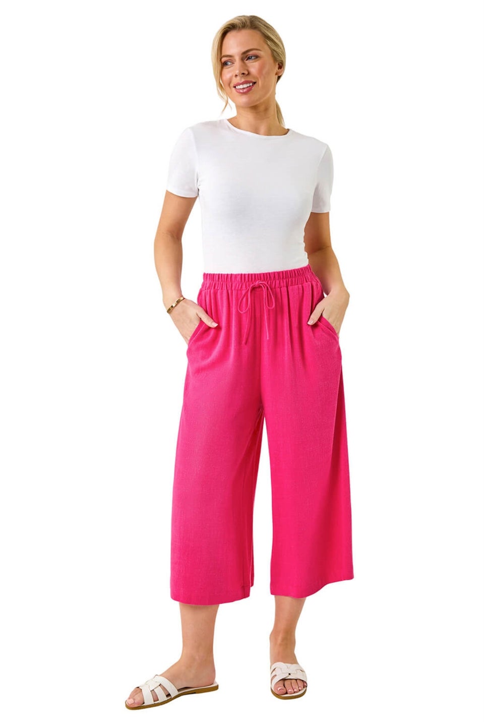 Roman Pink Petite Elasticated Waist Linen Mix Culotte