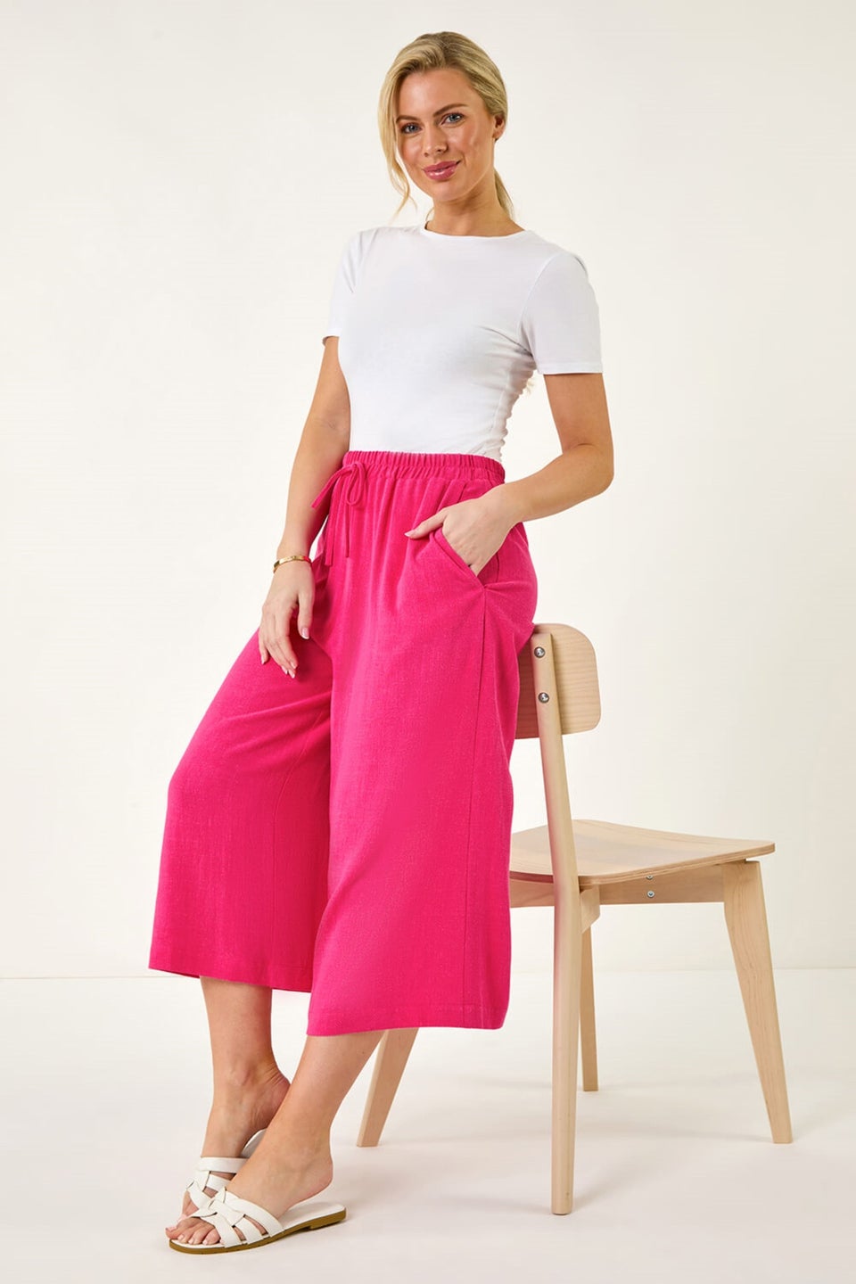 Roman Pink Petite Elasticated Waist Linen Mix Culotte