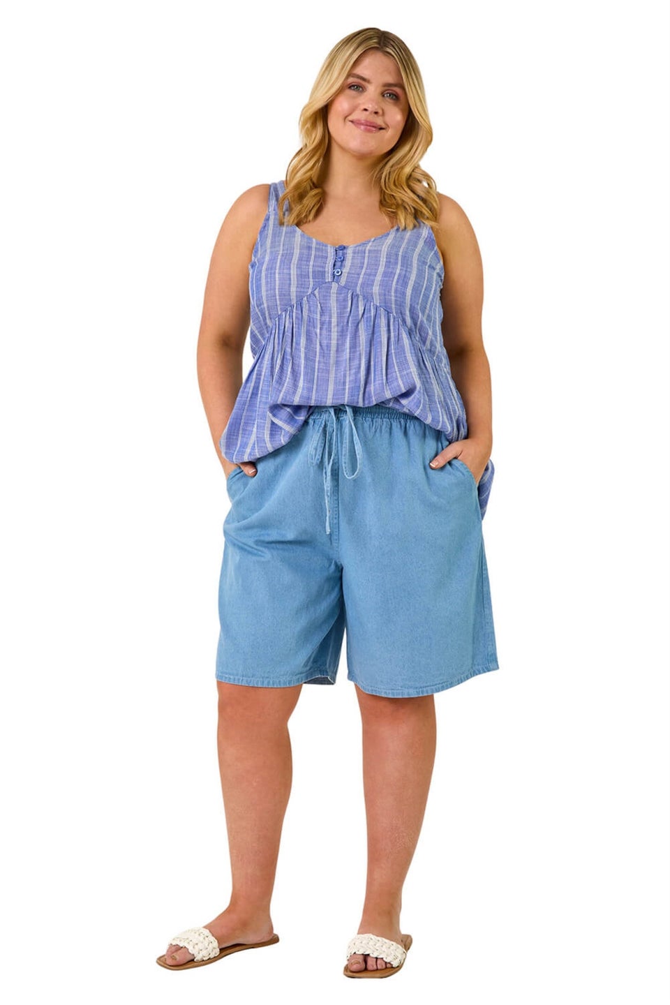 Roman Light Blue Curve Tie Waist Denim Short
