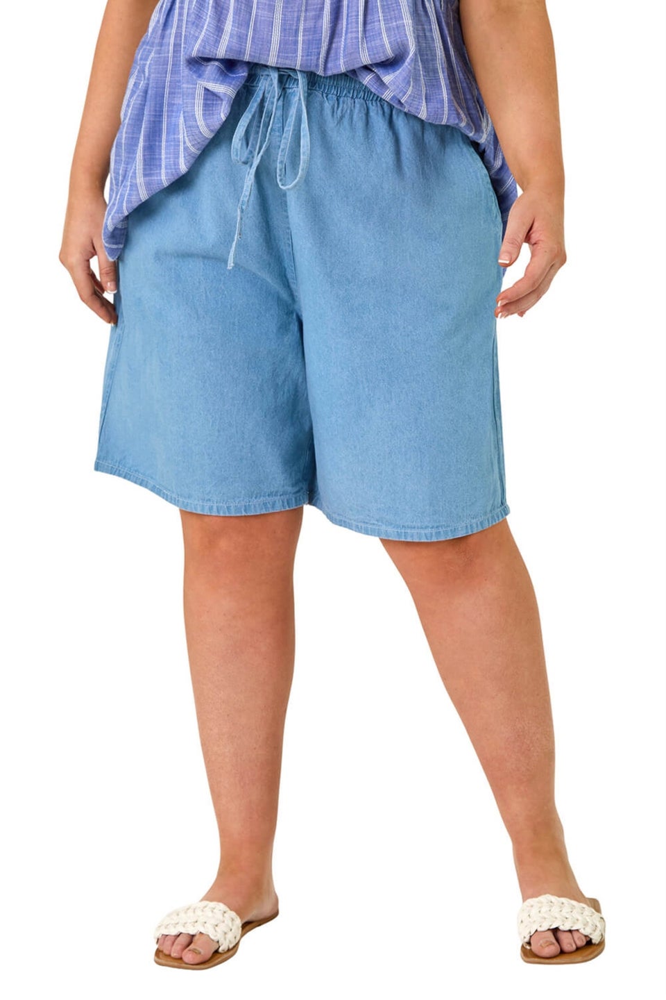 Roman Light Blue Curve Tie Waist Denim Short