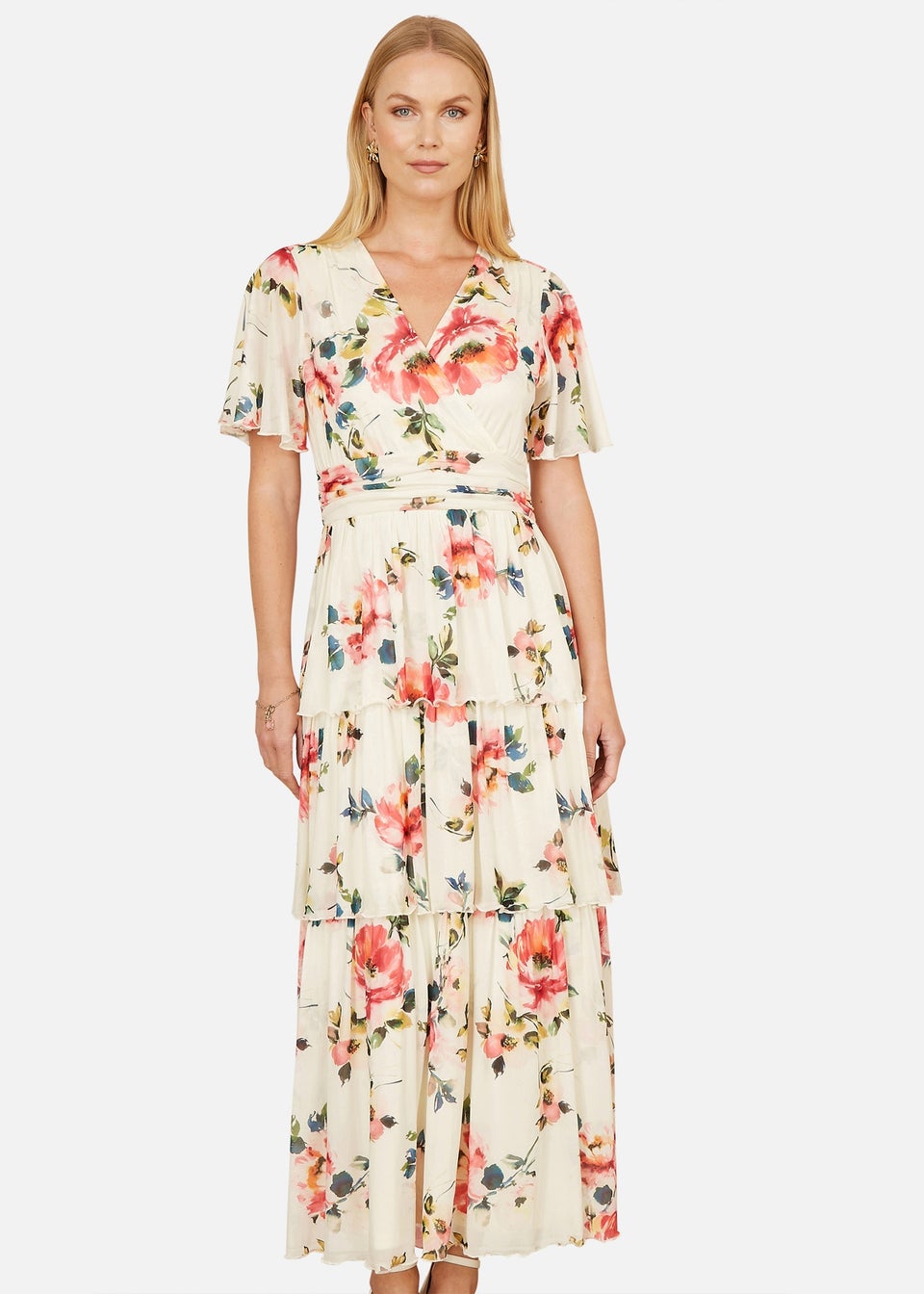 Yumi Ivory Floral Mesh Tiered Maxi Dress