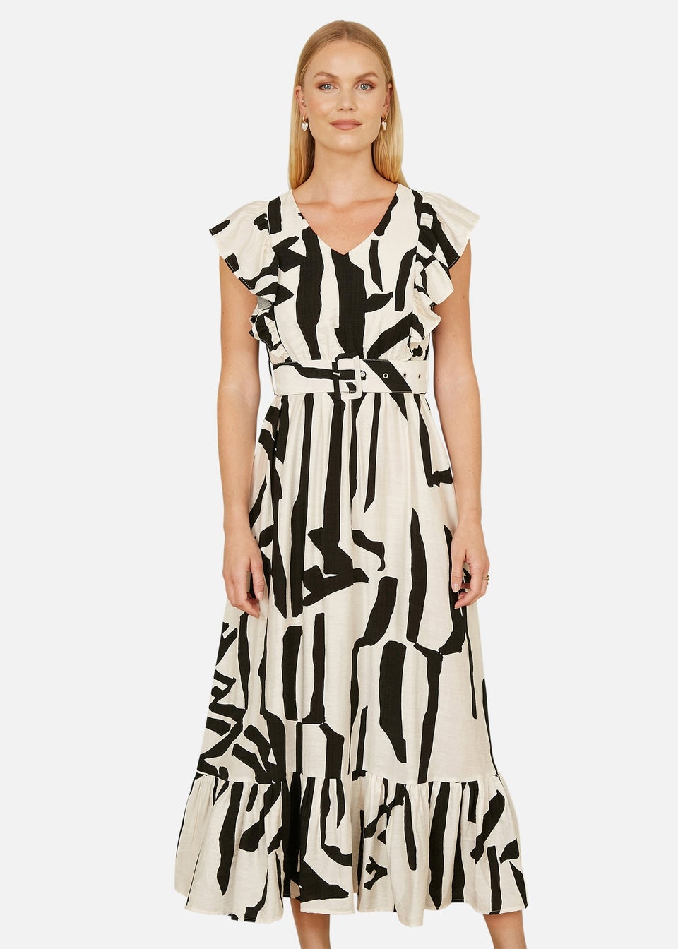 Yumi Beige Abstract Print Viscose Midi Dress With Matching Belt