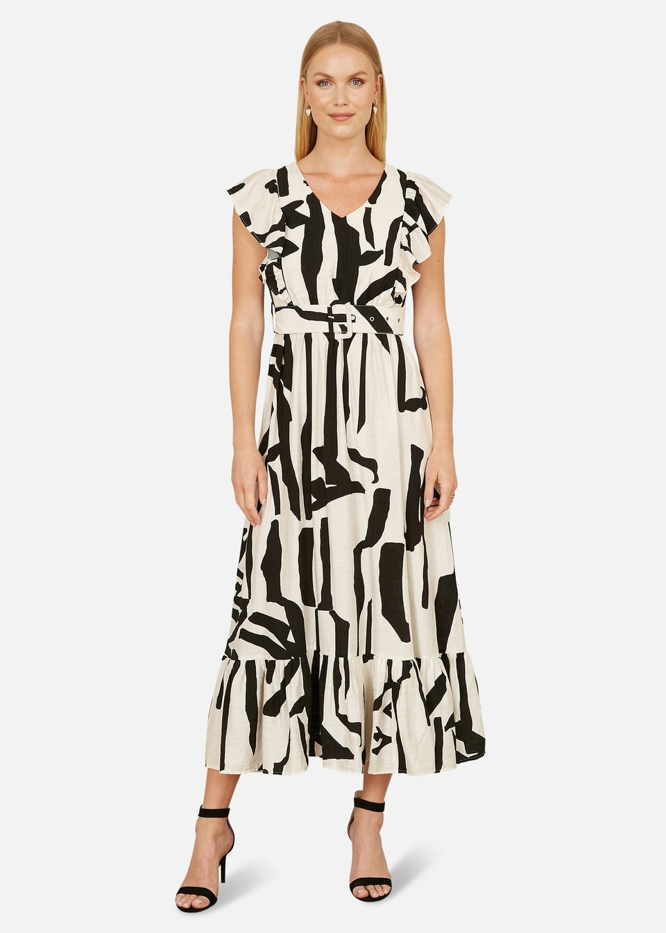 Yumi Beige Abstract Print Viscose Midi Dress With Matching Belt