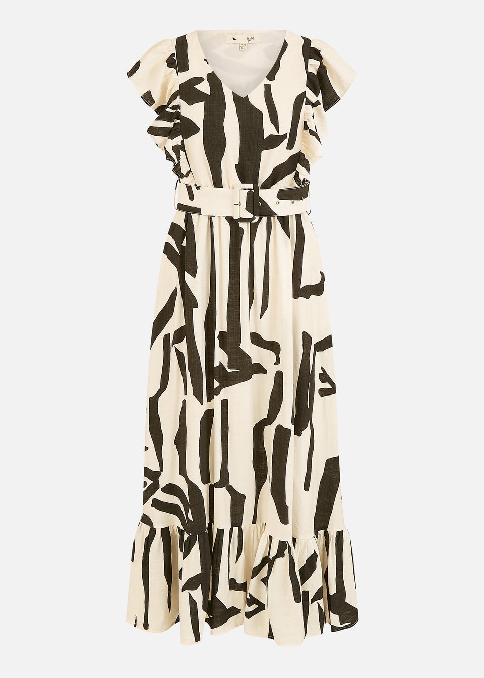 Yumi Beige Abstract Print Viscose Midi Dress With Matching Belt