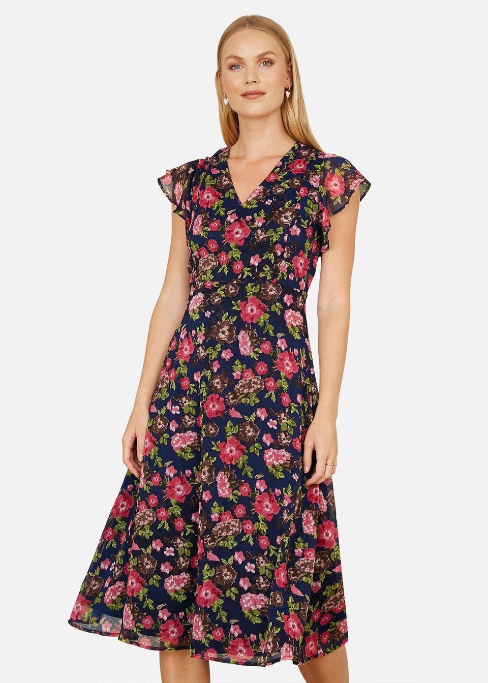 Yumi Navy Floral Midi Skater Dress