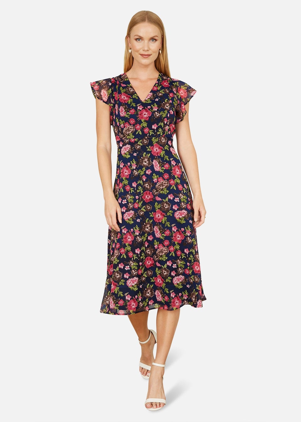 Yumi Navy Floral Midi Skater Dress