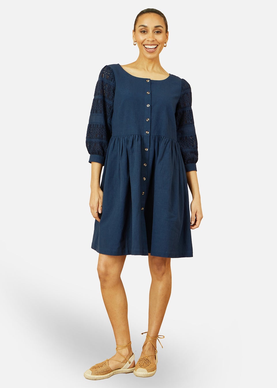 Yumi Navy Cotton Tunic With Broderie Anglaise Puff Sleeves