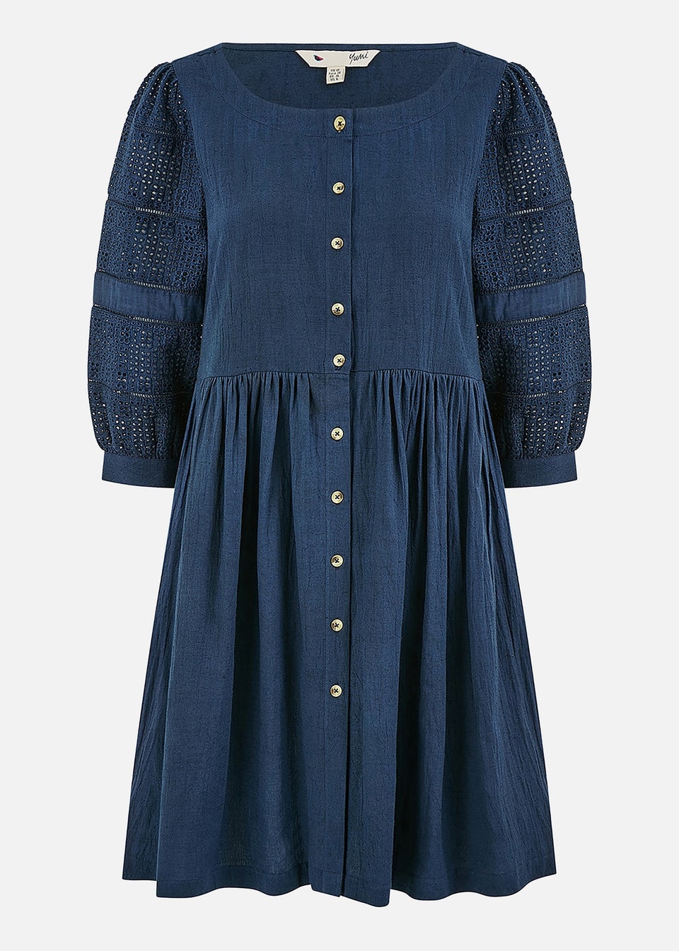 Yumi Navy Cotton Tunic With Broderie Anglaise Puff Sleeves