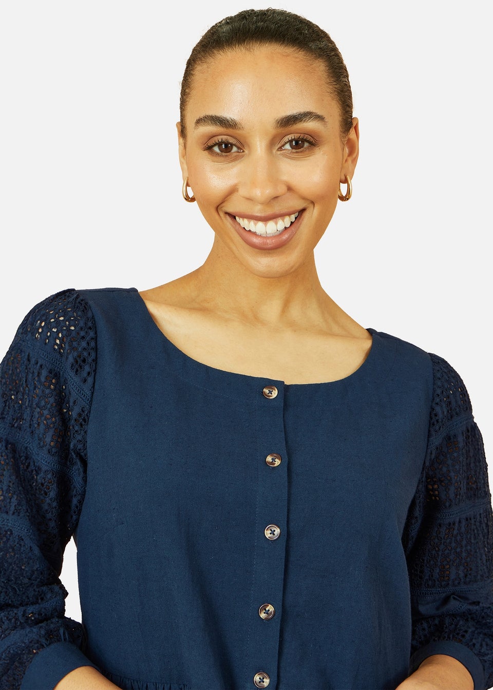 Yumi Navy Cotton Tunic With Broderie Anglaise Puff Sleeves