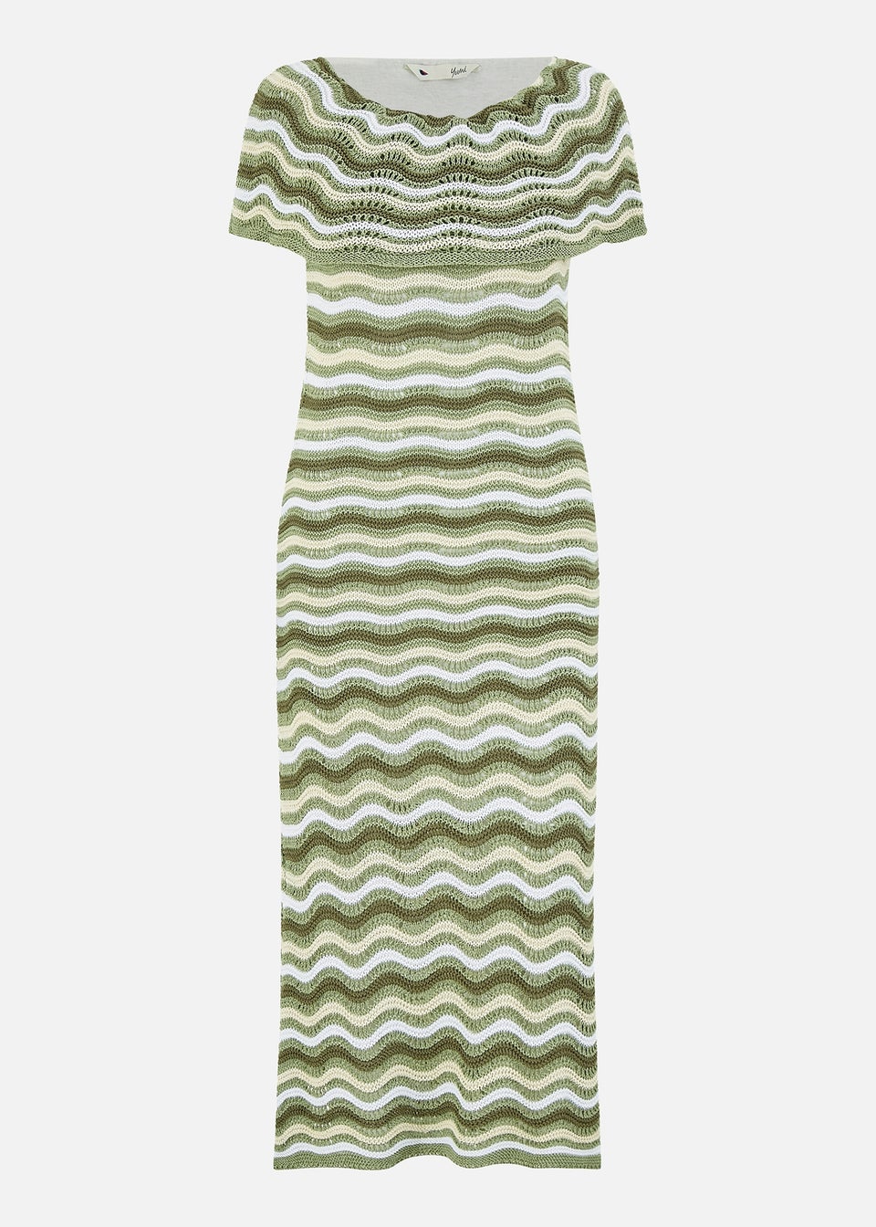 Yumi Green Stripe Crochet Knit Bardot Midi Dress