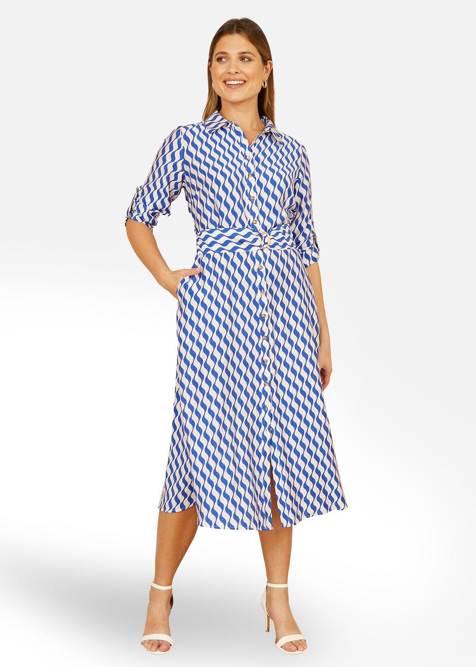 Yumi Blue Geo Swirl Print Midi Shirt Dress