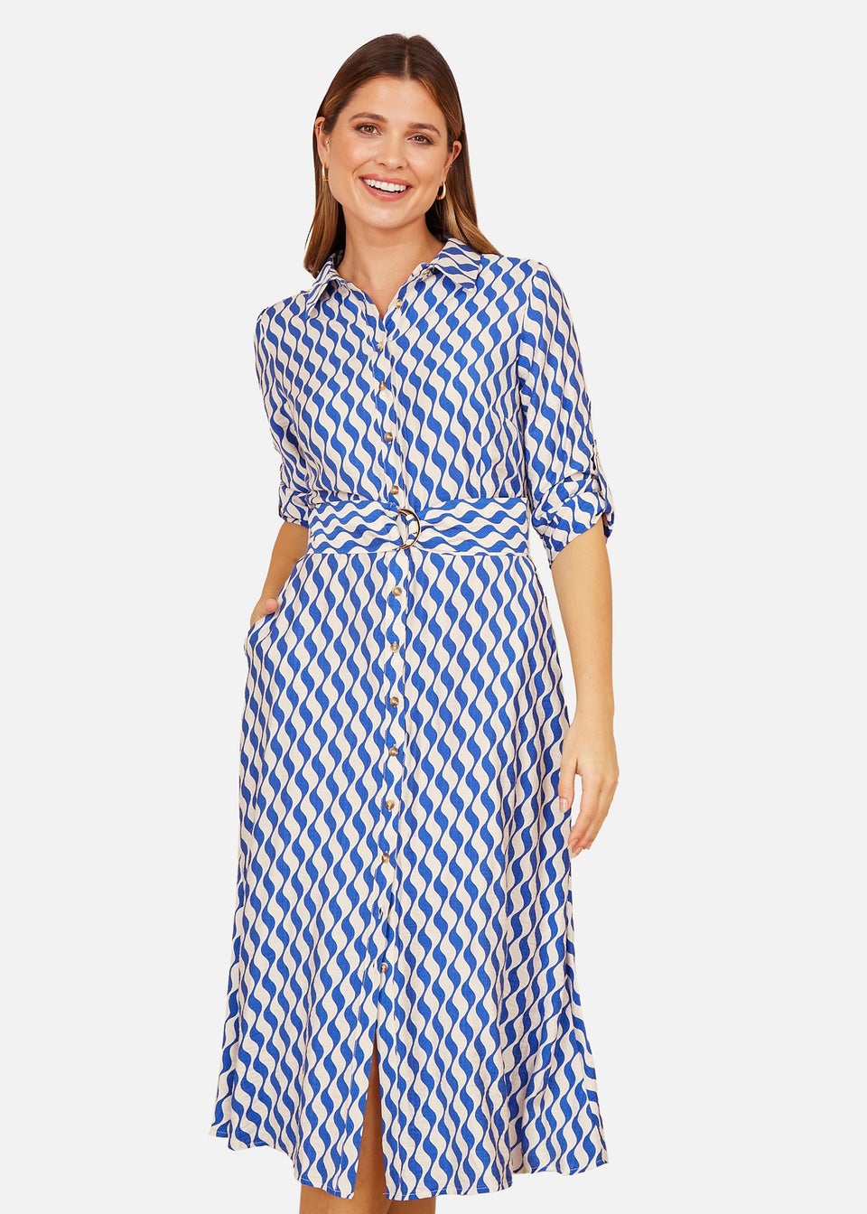 Yumi Blue Geo Swirl Print Midi Shirt Dress