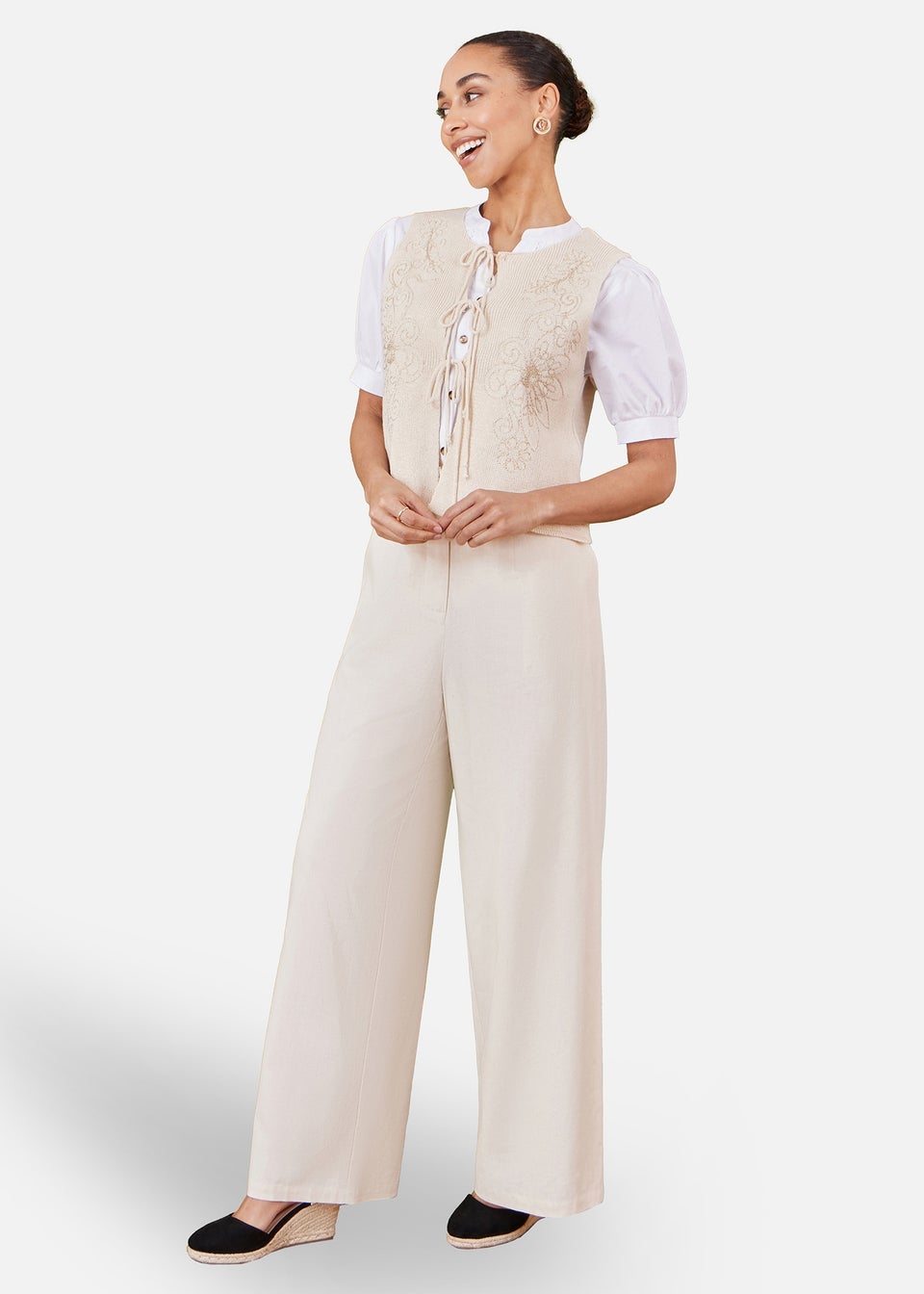 Yumi Beige Knitted Tie Front Waistcoat With Floral Details