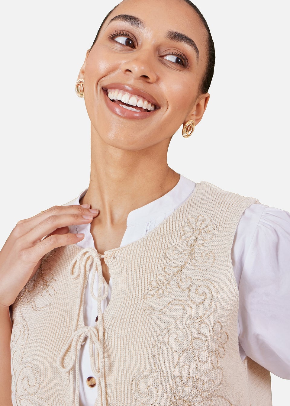 Yumi Beige Knitted Tie Front Waistcoat With Floral Details