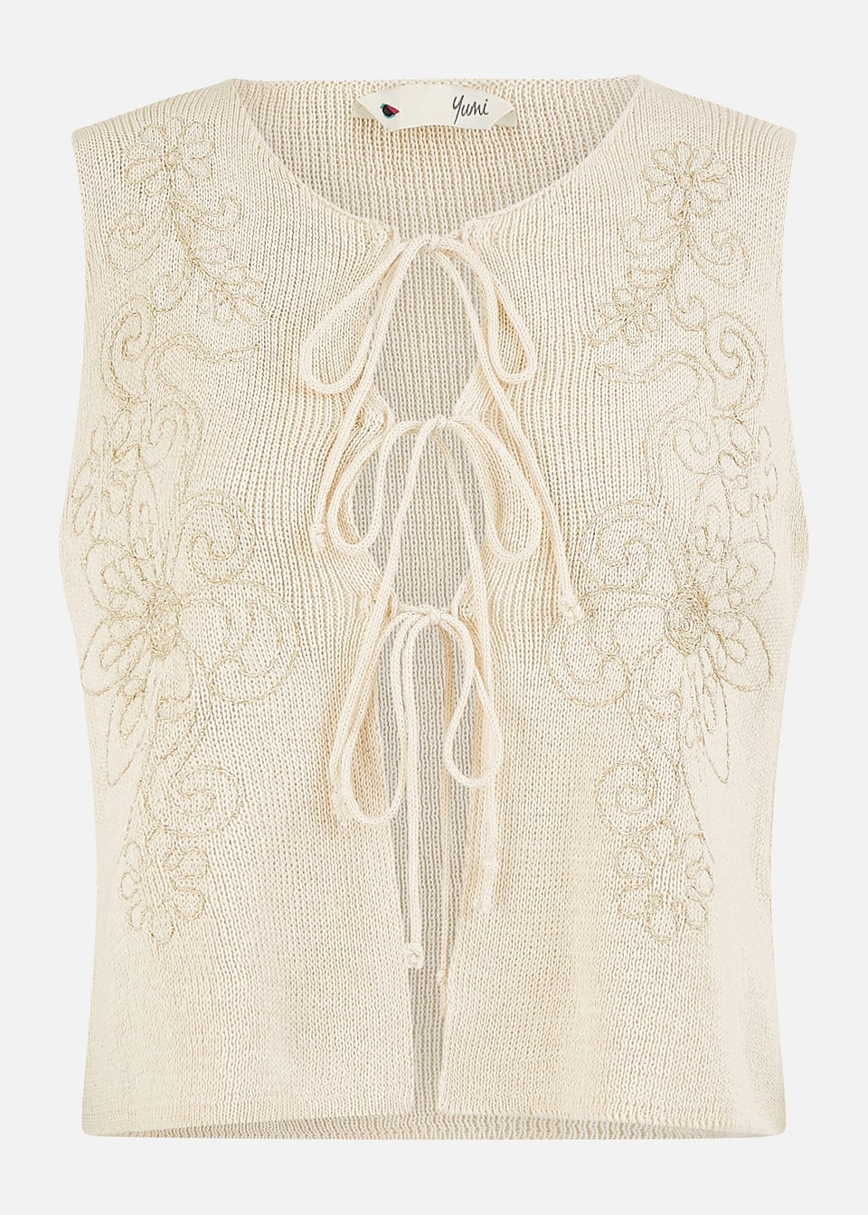 Yumi Beige Knitted Tie Front Waistcoat With Floral Details