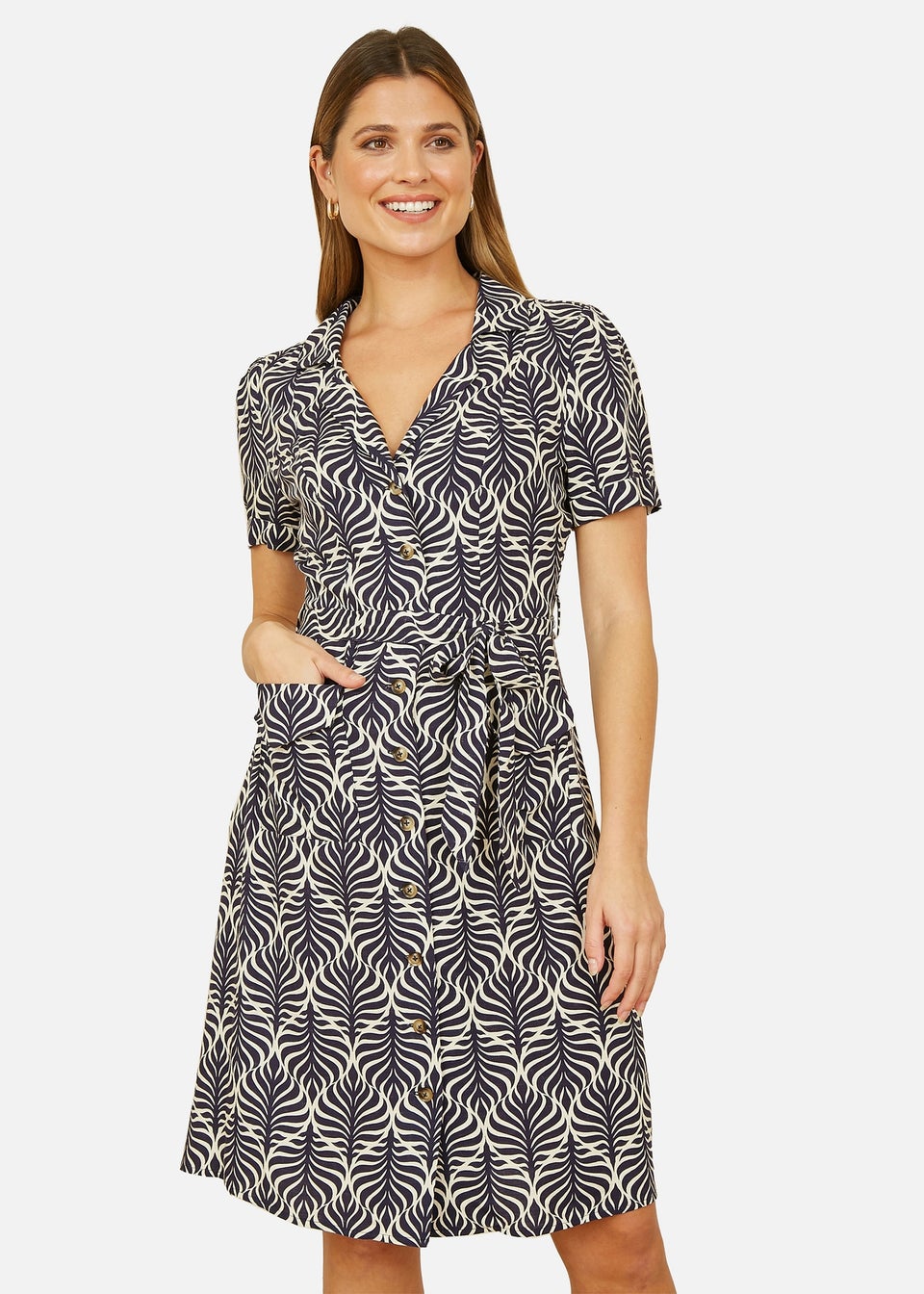 Yumi Navy Leaf Print Retro Shirt Dress