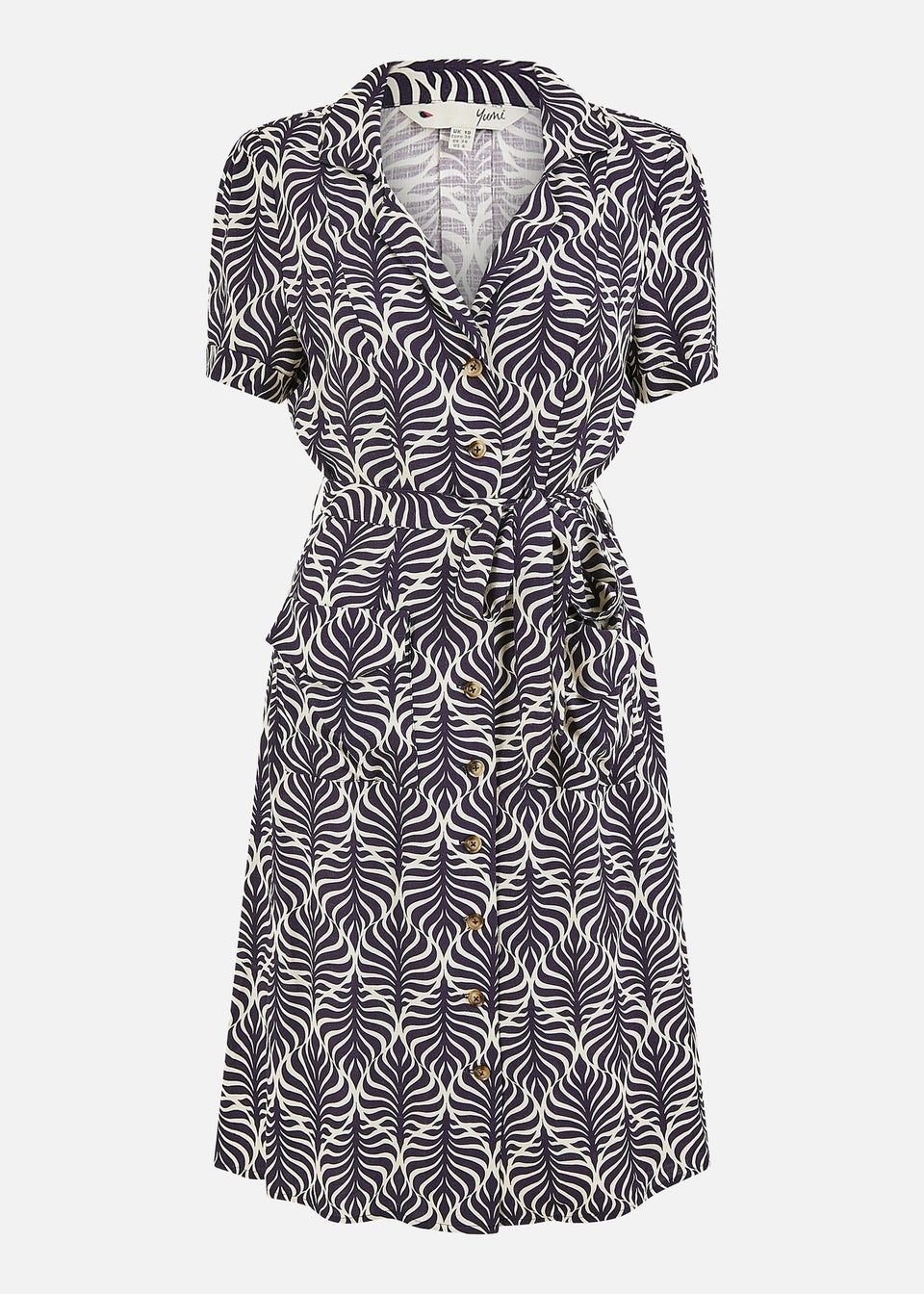 Yumi Navy Leaf Print Retro Shirt Dress