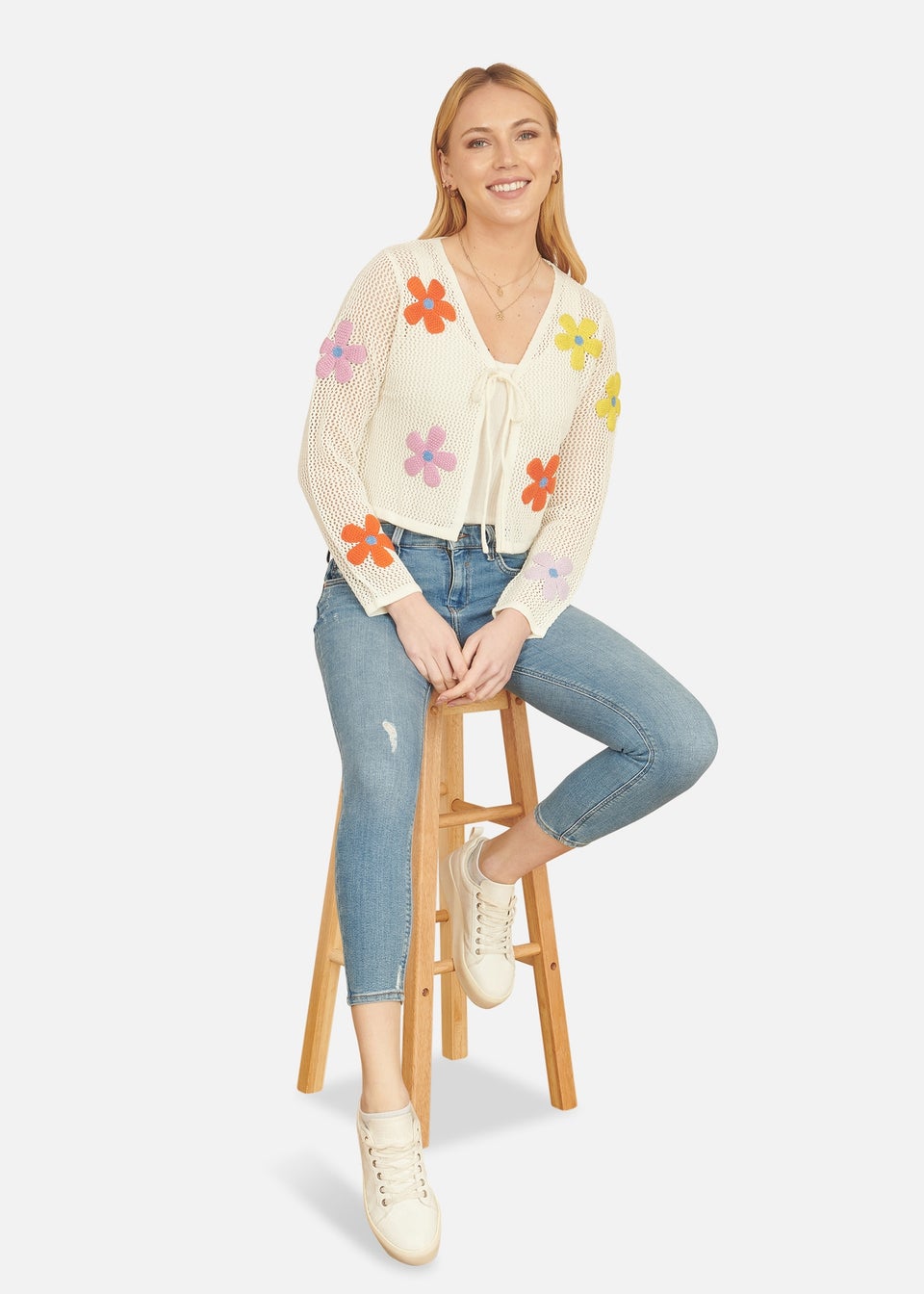 Yumi Ivory Tie Front Cardigan With Flower Design