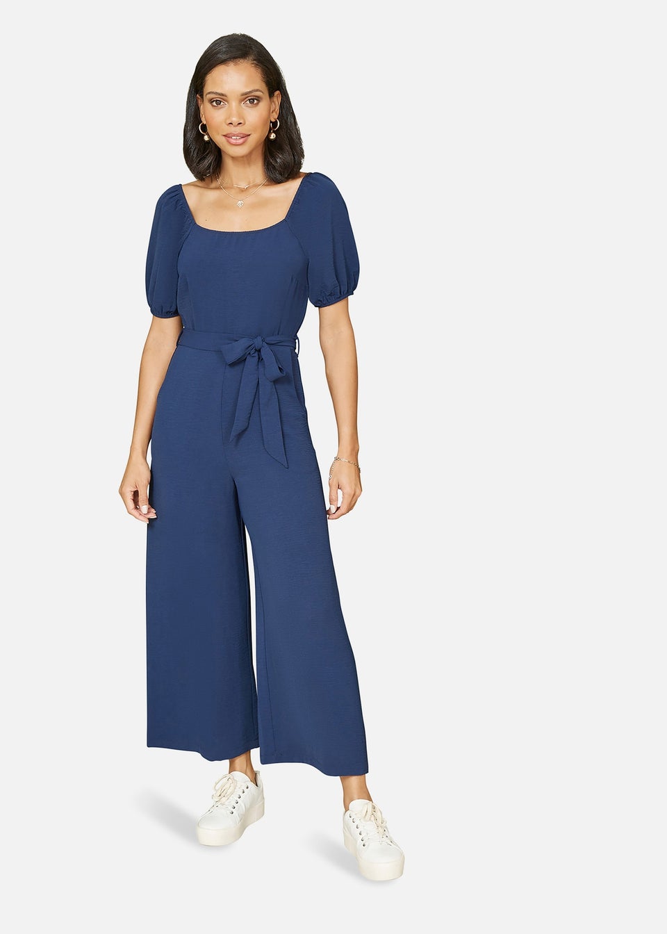 Yumi Navy Square Neck Puff Sleeve Culotte Jumpsuit