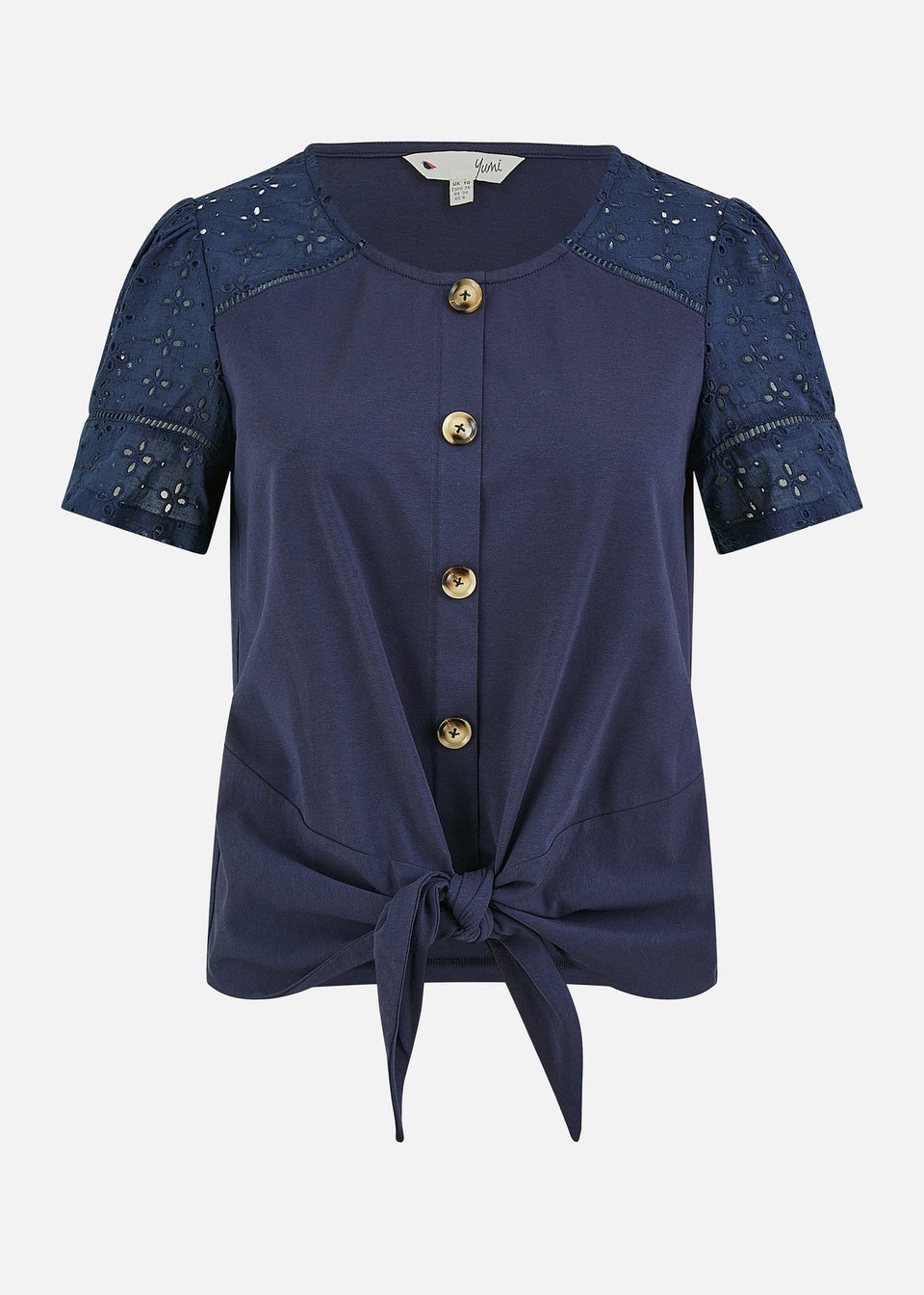 Yumi Navy Jersey Button Detail T-Shirt With Broderie Anglaise Sleeves And Tie Front