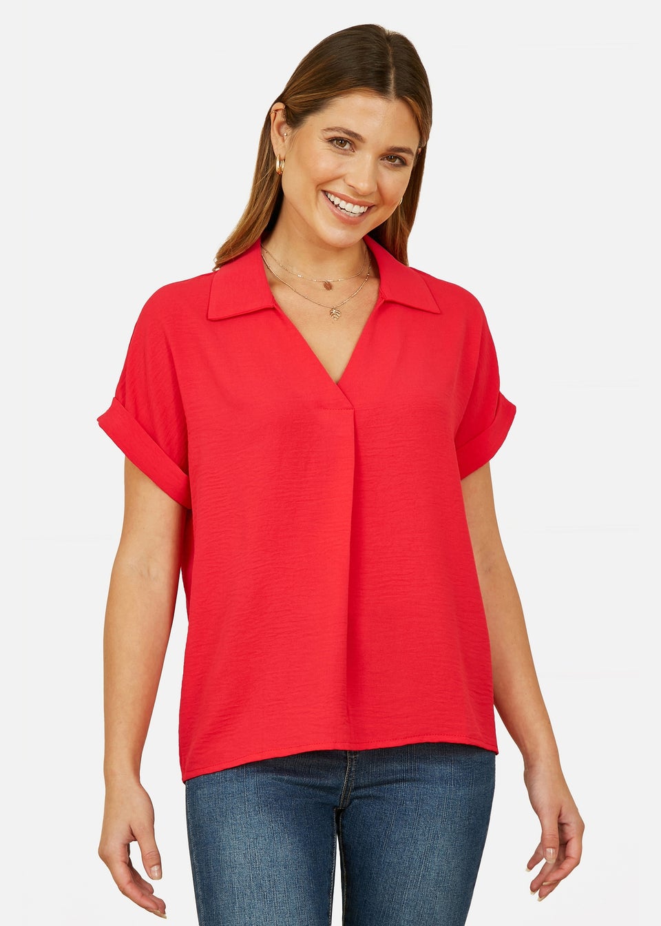 Yumi Red Stretch Relaxed Top With Collar