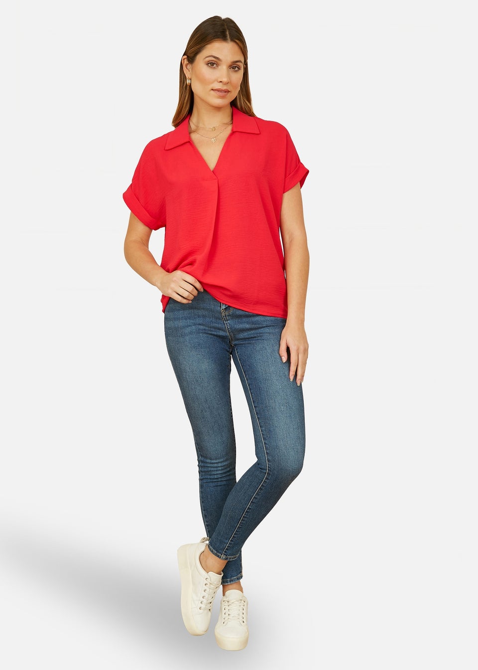 Yumi Red Stretch Relaxed Top With Collar