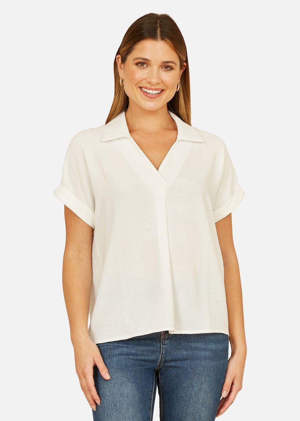 Yumi White Stretch Relaxed Top With Collar