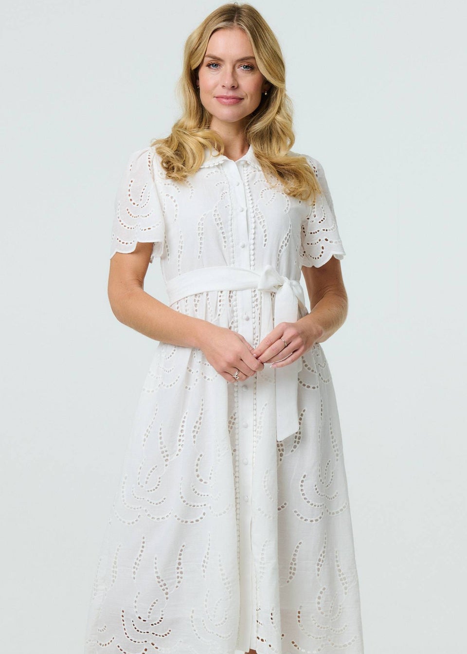 Izabel London White Broderie Anglaise Short Sleeve Midi Dress