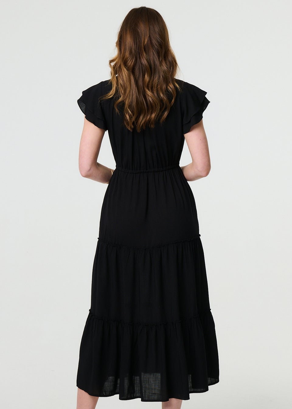 Izabel London Black Ruched Tiered Cap Sleeve Midi Dress